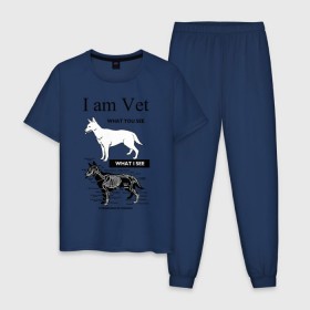 Мужская пижама хлопок с принтом I Am Vet в Белгороде, 100% хлопок | брюки и футболка прямого кроя, без карманов, на брюках мягкая резинка на поясе и по низу штанин
 | Тематика изображения на принте: ветеринар | ветеринарный врач | кошки | скелет | собаки
