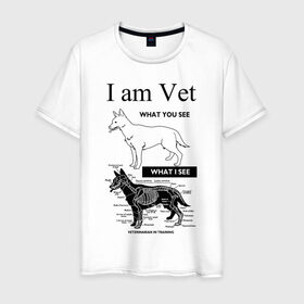 Мужская футболка хлопок с принтом I Am Vet в Белгороде, 100% хлопок | прямой крой, круглый вырез горловины, длина до линии бедер, слегка спущенное плечо. | ветеринар | ветеринарный врач | кошки | скелет | собаки