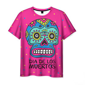 Мужская футболка 3D с принтом Мексиканский череп в Белгороде, 100% полиэфир | прямой крой, круглый вырез горловины, длина до линии бедер | Тематика изображения на принте: день мертвыхб сахарный череп | мексика | традиция | узоры | цветы