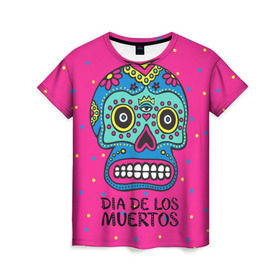 Женская футболка 3D с принтом Мексиканский череп в Белгороде, 100% полиэфир ( синтетическое хлопкоподобное полотно) | прямой крой, круглый вырез горловины, длина до линии бедер | день мертвыхб сахарный череп | мексика | традиция | узоры | цветы