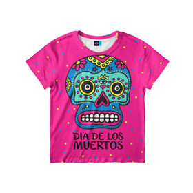 Детская футболка 3D с принтом Мексиканский череп в Белгороде, 100% гипоаллергенный полиэфир | прямой крой, круглый вырез горловины, длина до линии бедер, чуть спущенное плечо, ткань немного тянется | день мертвыхб сахарный череп | мексика | традиция | узоры | цветы