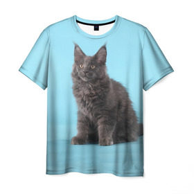 Мужская футболка 3D с принтом Кот мейн кун в Белгороде, 100% полиэфир | прямой крой, круглый вырез горловины, длина до линии бедер | котенок | мейнкун