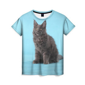 Женская футболка 3D с принтом Кот мейн кун в Белгороде, 100% полиэфир ( синтетическое хлопкоподобное полотно) | прямой крой, круглый вырез горловины, длина до линии бедер | котенок | мейнкун