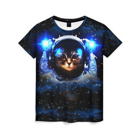 Женская футболка 3D с принтом Кот космонавт в Белгороде, 100% полиэфир ( синтетическое хлопкоподобное полотно) | прямой крой, круглый вырез горловины, длина до линии бедер | звёздное небо | космос | кот | кошка | прикольные картинки