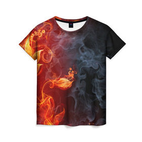 Женская футболка 3D с принтом Стихия огня в Белгороде, 100% полиэфир ( синтетическое хлопкоподобное полотно) | прямой крой, круглый вырез горловины, длина до линии бедер | Тематика изображения на принте: дым | пламя | страсть