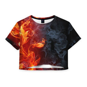 Женская футболка 3D укороченная с принтом Стихия огня в Белгороде, 100% полиэстер | круглая горловина, длина футболки до линии талии, рукава с отворотами | Тематика изображения на принте: дым | пламя | страсть