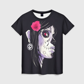 Женская футболка 3D с принтом День мертвецов в Белгороде, 100% полиэфир ( синтетическое хлопкоподобное полотно) | прямой крой, круглый вырез горловины, длина до линии бедер | mexi | день мертвых | мексика | мексиканский череп | мертвецов | орнамент | праздник | узоры | цветы