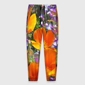 Мужские брюки 3D с принтом Оранжевые цветы в Белгороде, 100% полиэстер | манжеты по низу, эластичный пояс регулируется шнурком, по бокам два кармана без застежек, внутренняя часть кармана из мелкой сетки | лепестки | прикольные картинки | цветочки | цветы