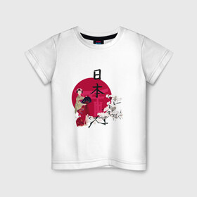 Детская футболка хлопок с принтом Гейша в Белгороде, 100% хлопок | круглый вырез горловины, полуприлегающий силуэт, длина до линии бедер | Тематика изображения на принте: иероглиф | сакура | япония