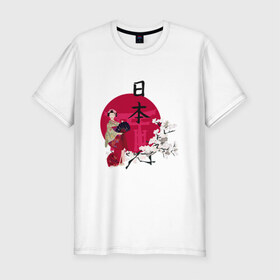Мужская футболка премиум с принтом Гейша в Белгороде, 92% хлопок, 8% лайкра | приталенный силуэт, круглый вырез ворота, длина до линии бедра, короткий рукав | Тематика изображения на принте: иероглиф | сакура | япония