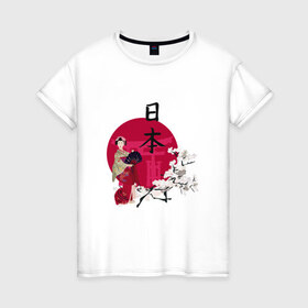 Женская футболка хлопок с принтом Гейша в Белгороде, 100% хлопок | прямой крой, круглый вырез горловины, длина до линии бедер, слегка спущенное плечо | иероглиф | сакура | япония