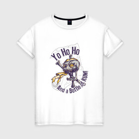 Женская футболка хлопок с принтом Флинт в Белгороде, 100% хлопок | прямой крой, круглый вырез горловины, длина до линии бедер, слегка спущенное плечо | белый | бутылка рома | йо хо хо | кости | пират | ром | череп
