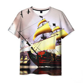 Мужская футболка 3D с принтом Фрегат в Белгороде, 100% полиэфир | прямой крой, круглый вырез горловины, длина до линии бедер | Тематика изображения на принте: вмф | исторический | корабль | море | океан | парусник