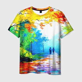 Мужская футболка 3D с принтом Прогулка в Белгороде, 100% полиэфир | прямой крой, круглый вырез горловины, длина до линии бедер | Тематика изображения на принте: желтая листва | живопись | зелень | картина | осень | природа | рисунок | солнце