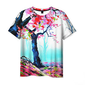 Мужская футболка 3D с принтом Сакура в Белгороде, 100% полиэфир | прямой крой, круглый вырез горловины, длина до линии бедер | весна | живопись | сакура | япония