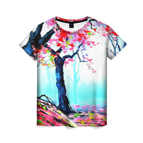 Женская футболка 3D с принтом Сакура в Белгороде, 100% полиэфир ( синтетическое хлопкоподобное полотно) | прямой крой, круглый вырез горловины, длина до линии бедер | весна | живопись | сакура | япония