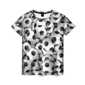Женская футболка 3D с принтом Футбольные мячи в Белгороде, 100% полиэфир ( синтетическое хлопкоподобное полотно) | прямой крой, круглый вырез горловины, длина до линии бедер | мяч | спорт | футбол | футбольные
