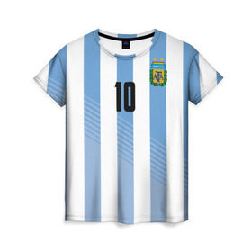 Женская футболка 3D с принтом Месси (сборная Аргентины) в Белгороде, 100% полиэфир ( синтетическое хлопкоподобное полотно) | прямой крой, круглый вырез горловины, длина до линии бедер | barcelona | lionel | messi | аргентина | барселона | кубок | лионель | мира | сборная | футбол