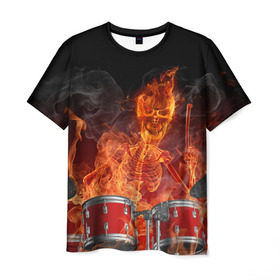 Мужская футболка 3D с принтом Огненный скелет в Белгороде, 100% полиэфир | прямой крой, круглый вырез горловины, длина до линии бедер | арт | дум | иллюзия | краска | лучи | огонь | пламя | прикольные | свет | текстуры