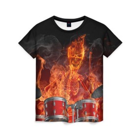 Женская футболка 3D с принтом Огненный скелет в Белгороде, 100% полиэфир ( синтетическое хлопкоподобное полотно) | прямой крой, круглый вырез горловины, длина до линии бедер | арт | дум | иллюзия | краска | лучи | огонь | пламя | прикольные | свет | текстуры