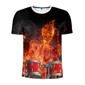 Мужская футболка 3D спортивная с принтом Огненный скелет в Белгороде, 100% полиэстер с улучшенными характеристиками | приталенный силуэт, круглая горловина, широкие плечи, сужается к линии бедра | арт | дум | иллюзия | краска | лучи | огонь | пламя | прикольные | свет | текстуры