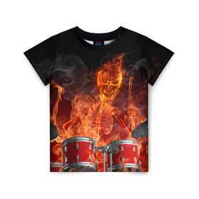 Детская футболка 3D с принтом Огненный скелет в Белгороде, 100% гипоаллергенный полиэфир | прямой крой, круглый вырез горловины, длина до линии бедер, чуть спущенное плечо, ткань немного тянется | арт | дум | иллюзия | краска | лучи | огонь | пламя | прикольные | свет | текстуры