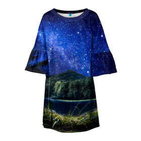 Детское платье 3D с принтом Звездная ночь в Белгороде, 100% полиэстер | прямой силуэт, чуть расширенный к низу. Круглая горловина, на рукавах — воланы | галактика | горы | звезды | космос | лес | ночь | озеро | сосны | тайга
