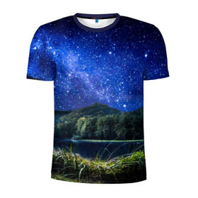 Мужская футболка 3D спортивная с принтом Звездная ночь в Белгороде, 100% полиэстер с улучшенными характеристиками | приталенный силуэт, круглая горловина, широкие плечи, сужается к линии бедра | галактика | горы | звезды | космос | лес | ночь | озеро | сосны | тайга