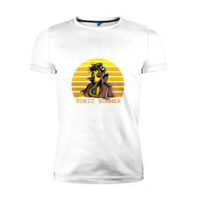 Мужская футболка премиум с принтом Toxic Summer в Белгороде, 92% хлопок, 8% лайкра | приталенный силуэт, круглый вырез ворота, длина до линии бедра, короткий рукав | газ | желтый | кислота | опасно | рисунок | солнце | токсично | человек
