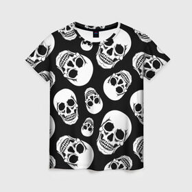 Женская футболка 3D с принтом Черепа в Белгороде, 100% полиэфир ( синтетическое хлопкоподобное полотно) | прямой крой, круглый вырез горловины, длина до линии бедер | белый | паттерн | черно белый | черный