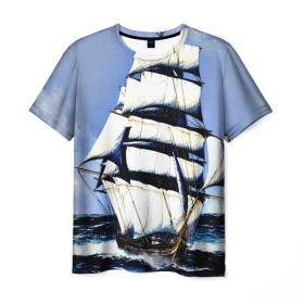 Мужская футболка 3D с принтом Парусник в Белгороде, 100% полиэфир | прямой крой, круглый вырез горловины, длина до линии бедер | Тематика изображения на принте: blue | волны | корабль | море | океан