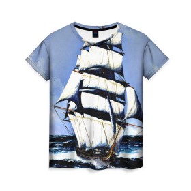 Женская футболка 3D с принтом Парусник в Белгороде, 100% полиэфир ( синтетическое хлопкоподобное полотно) | прямой крой, круглый вырез горловины, длина до линии бедер | blue | волны | корабль | море | океан