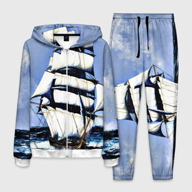 Мужской костюм 3D с принтом Парусник в Белгороде, 100% полиэстер | Манжеты и пояс оформлены тканевой резинкой, двухслойный капюшон со шнурком для регулировки, карманы спереди | Тематика изображения на принте: blue | волны | корабль | море | океан