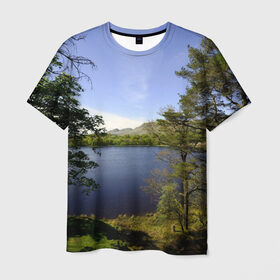 Мужская футболка 3D с принтом сосны в Белгороде, 100% полиэфир | прямой крой, круглый вырез горловины, длина до линии бедер | Тематика изображения на принте: берег | горы | лес | море | озеро | океан | сосны | тайга