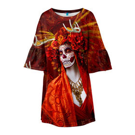 Детское платье 3D с принтом День мертвецов в Белгороде, 100% полиэстер | прямой силуэт, чуть расширенный к низу. Круглая горловина, на рукавах — воланы | cobwebs | color | day of the dead | dead | death | eyes | girl | halloween | holiday | makeup | mask | mexican skull | mexico | ornament | pattern | взгляд | девушка | день мертвых | макияж | маска | мексика | мексиканский череп | мертвецов | орнамент | п