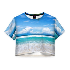 Женская футболка 3D укороченная с принтом Карибский пляж в Белгороде, 100% полиэстер | круглая горловина, длина футболки до линии талии, рукава с отворотами | волны | лето | море | океан | отдых | пальма | пляж | солнце