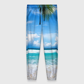 Женские брюки 3D с принтом Карибский пляж в Белгороде, полиэстер 100% | прямой крой, два кармана без застежек по бокам, с мягкой трикотажной резинкой на поясе и по низу штанин. В поясе для дополнительного комфорта — широкие завязки | волны | лето | море | океан | отдых | пальма | пляж | солнце