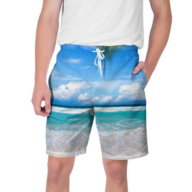 Мужские шорты 3D с принтом Карибский пляж в Белгороде,  полиэстер 100% | прямой крой, два кармана без застежек по бокам. Мягкая трикотажная резинка на поясе, внутри которой широкие завязки. Длина чуть выше колен | волны | лето | море | океан | отдых | пальма | пляж | солнце