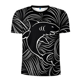 Мужская футболка 3D спортивная с принтом Акула в в морской пучине в Белгороде, 100% полиэстер с улучшенными характеристиками | приталенный силуэт, круглая горловина, широкие плечи, сужается к линии бедра | Тематика изображения на принте: волна | линия | черный