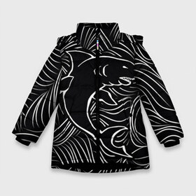 Зимняя куртка для девочек 3D с принтом Акула в в морской пучине в Белгороде, ткань верха — 100% полиэстер; подклад — 100% полиэстер, утеплитель — 100% полиэстер. | длина ниже бедра, удлиненная спинка, воротник стойка и отстегивающийся капюшон. Есть боковые карманы с листочкой на кнопках, утяжки по низу изделия и внутренний карман на молнии. 

Предусмотрены светоотражающий принт на спинке, радужный светоотражающий элемент на пуллере молнии и на резинке для утяжки. | волна | линия | черный