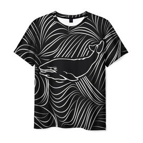 Мужская футболка 3D с принтом Кит в морской пучине в Белгороде, 100% полиэфир | прямой крой, круглый вырез горловины, длина до линии бедер | арт | белый | волна | волны | кит | классно | круто | линия | море | рисунок | черный | черта