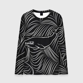 Мужской лонгслив 3D с принтом Кит в морской пучине в Белгороде, 100% полиэстер | длинные рукава, круглый вырез горловины, полуприлегающий силуэт | арт | белый | волна | волны | кит | классно | круто | линия | море | рисунок | черный | черта