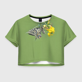 Женская футболка 3D укороченная с принтом Бабочка в Белгороде, 100% полиэстер | круглая горловина, длина футболки до линии талии, рукава с отворотами | зеленый | цветы