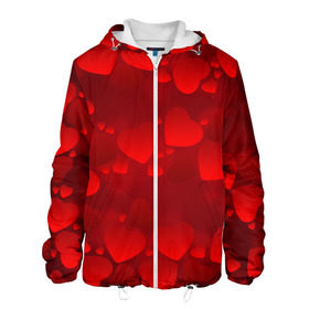 Мужская куртка 3D с принтом Красные сердца в Белгороде, ткань верха — 100% полиэстер, подклад — флис | прямой крой, подол и капюшон оформлены резинкой с фиксаторами, два кармана без застежек по бокам, один большой потайной карман на груди. Карман на груди застегивается на липучку | Тематика изображения на принте: heart | red | любовь | орнамент | сердце | узор