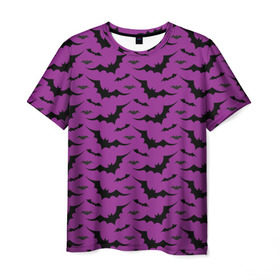 Мужская футболка 3D с принтом Стая летучих мышей в Белгороде, 100% полиэфир | прямой крой, круглый вырез горловины, длина до линии бедер | bat | классно | круто | летучая | мышь | стильно | текстура | фиолетовый | фон | черный