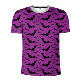 Мужская футболка 3D спортивная с принтом Стая летучих мышей в Белгороде, 100% полиэстер с улучшенными характеристиками | приталенный силуэт, круглая горловина, широкие плечи, сужается к линии бедра | bat | классно | круто | летучая | мышь | стильно | текстура | фиолетовый | фон | черный