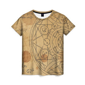 Женская футболка 3D с принтом Дневник алхимика в Белгороде, 100% полиэфир ( синтетическое хлопкоподобное полотно) | прямой крой, круглый вырез горловины, длина до линии бедер | алхимик | алхимия | магия | формулы
