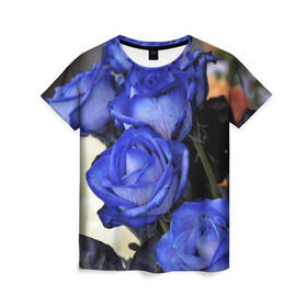 Женская футболка 3D с принтом Синие розы в Белгороде, 100% полиэфир ( синтетическое хлопкоподобное полотно) | прямой крой, круглый вырез горловины, длина до линии бедер | девушкам | розы | синие | цветы