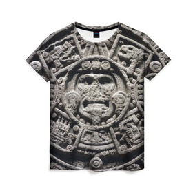 Женская футболка 3D с принтом Календарь ацтеков в Белгороде, 100% полиэфир ( синтетическое хлопкоподобное полотно) | прямой крой, круглый вырез горловины, длина до линии бедер | ацтеки | древняя цивилизация | индейцы | майя | южная америка