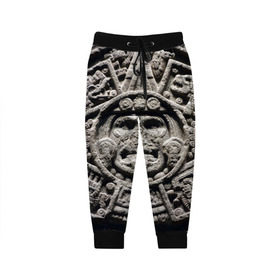 Детские брюки 3D с принтом Календарь ацтеков в Белгороде, 100% полиэстер | манжеты по низу, эластичный пояс регулируется шнурком, по бокам два кармана без застежек, внутренняя часть кармана из мелкой сетки | ацтеки | древняя цивилизация | индейцы | майя | южная америка